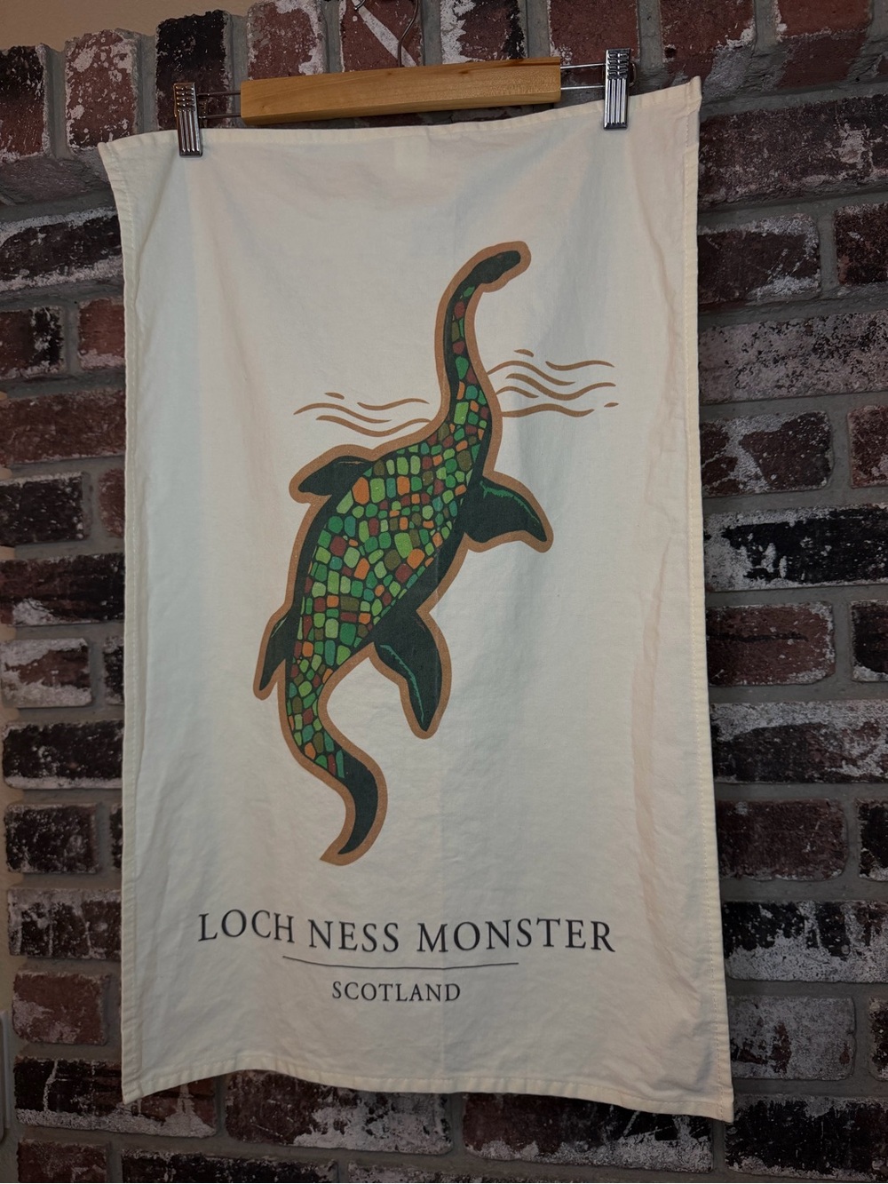 Loch Ness Monster Scotland Graphic Tea Towel Green Mosaic Design